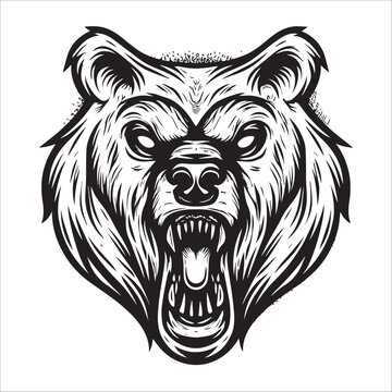 bear head , black and white bear head roaring silhouette design