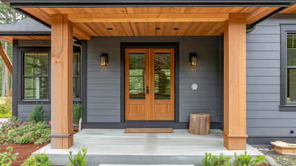 Grey Modern Farmhouse Exterior Design With Glass-Enclosed Front Door