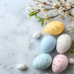 Happy Easter. Congratulatory easter background. Easter eggs and flowers on blue. - 732662748