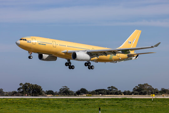 Luqa, Malta - February 9, 2024: Brand new Airbus A330-243MRTT (REG: EC-345) arriving for painting in the colors of UAE Air Force.