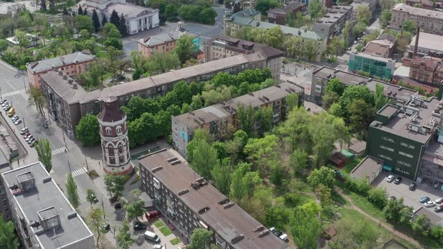 Aerial view of Center of Mariupol, Ukraine before Russian invasion of Ukraine. Donetsk Academic Regional Drama Theatre on background. 