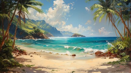Oil painting of Hawaii with palm trees and sea