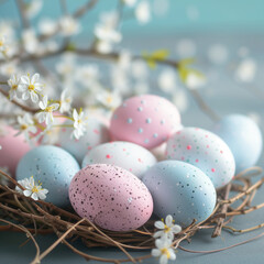 Happy Easter. Congratulatory easter background. Easter eggs and flowers on blue. - 732663381