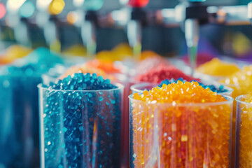 Dyed colourful plastic polymer granulates in laboratory.