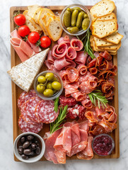 a wooden platter with sausages and cheeses