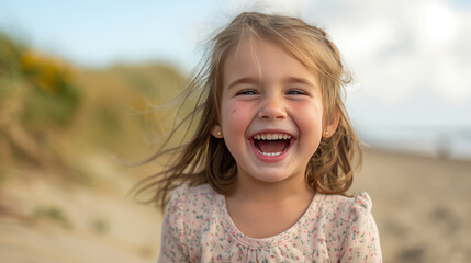 a beautiful little girl laughs loudly on the seashore