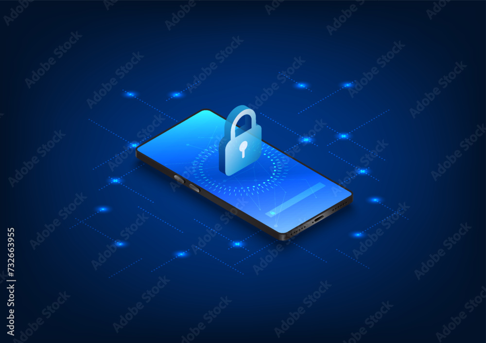 Poster cybersecurity technology built into smartphones has a security system. prevent data theft and destru