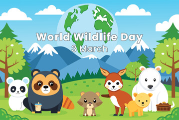 world wildlife day with scenery animal in jungle background. cartoon animal in forest vector illustration