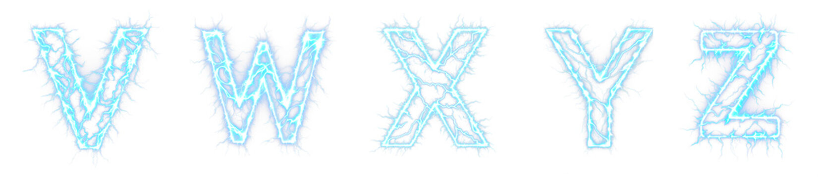 Electricity alphabet letters V W X Y Z - Glowing magic neon lightning burst fonts. Isolated transparent PNG background.