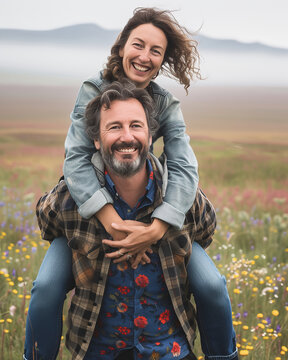 A 45 years old man giving his wife a piggyback ride on a colorful meadow. AI generated.
