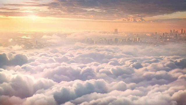 the view from up high a huge city with skyscrapers visible through the clouds. Generative AI
