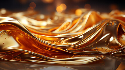 A close-up image of flowing golden liquid with a smooth, reflective surface, highlighted by sparkling droplets and a warm, bokeh light background.Background concept. AI generated.