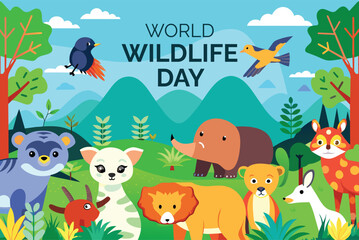 Naklejka premium world wildlife day with scenery animal in jungle background. cartoon animal in forest vector illustration