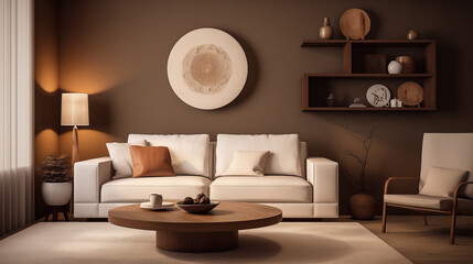 Stylish and Warm Living Room Interior with Elegant Furniture and Wall Decorations