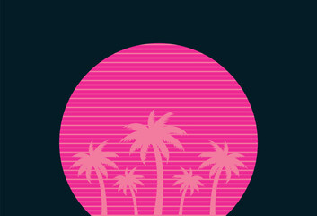 Bright silhouette of pink palm trees against the background of sunset. Party invitation, advertising flyer, banner. Vector illustration.