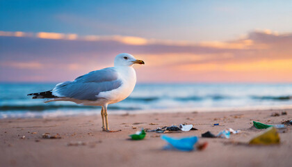 seagull amidst litter on beach, symbolizing environmental degradation in scenic seascape