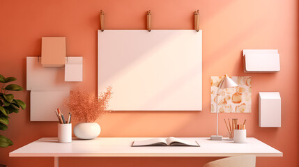 a mood board set against a peach wall