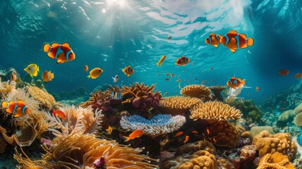 Fototapeta na wymiar Underwater Paradise: Clownfish Amongst Vibrant Coral Reef with Sunlight Filtering Through