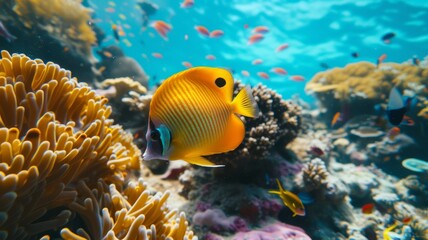 Vibrant Yellow Fish Swimming in Coral Reef with Marine Life in Sunlit Clear Blue Water