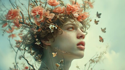 Dreamy Portrait of a Person with Floral Hair and Butterflies Against a Cloudy Sky