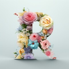 Letter R made in 3d shape and covered with colorful soft pastel color blooming flowers with clean soft background.