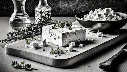 a black and white capture featuring a kitchen table adorned with delectable feta cheese and fresh herbs on a rustic cutting board, emphasizing texture and contras - obrazy, fototapety, plakaty