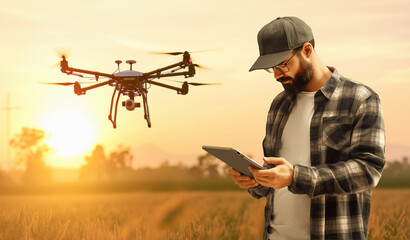 Farmer controls drone with a tablet. Smart farming and precision agriculture.