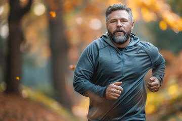 Overweight man jogging in the park. - obrazy, fototapety, plakaty