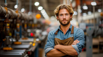 Confident Male Industrial Engineer with Arms Crossed Standing in a Manufacturing Plant. machine on background. Industrial Leadership Concept.