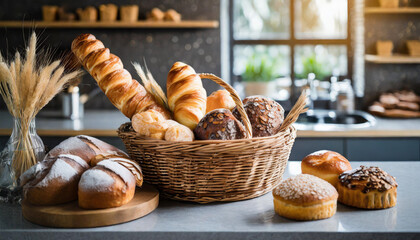 Assorted pastries and bread in a rustic wicker basket at a trendy bakery shop