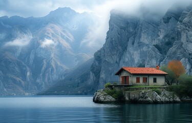 Fototapeta premium Secluded Lake House Retreat Amidst Misty Mountain Landscape