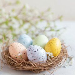 Happy Easter. Congratulatory easter background. Easter eggs and flowers. - 732668302