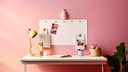 A stylish workplace adorned with a mood board against a pink wall