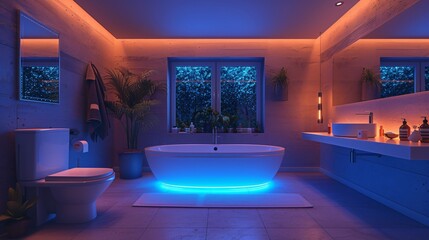 Modern and confortable bathroom illuminated by led strips, 3d render