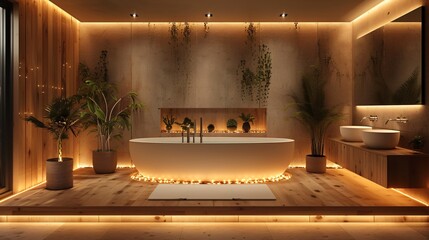 Modern and confortable bathroom illuminated by led strips, 3d render