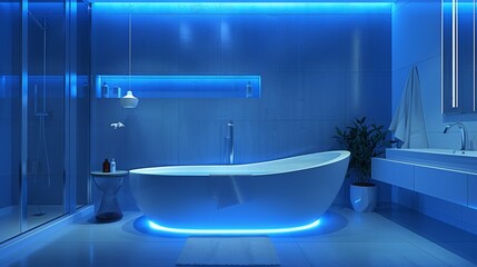 Modern and confortable bathroom illuminated by led strips, 3d render