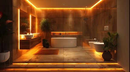 Modern and confortable bathroom illuminated by led strips, 3d render