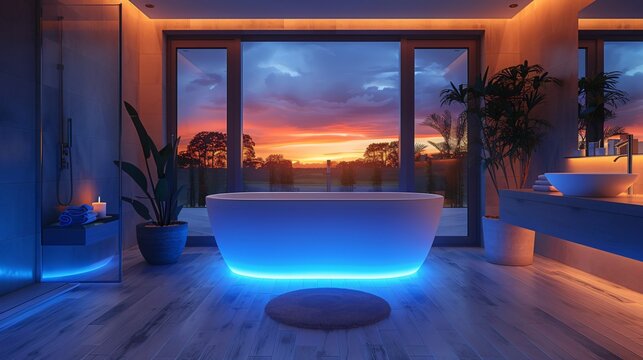 Modern and confortable bathroom illuminated by led strips, 3d render