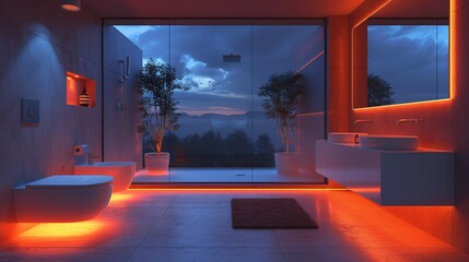 Modern and confortable bathroom illuminated by led strips, 3d render