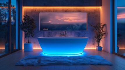 Modern and confortable bathroom illuminated by led strips, 3d render
