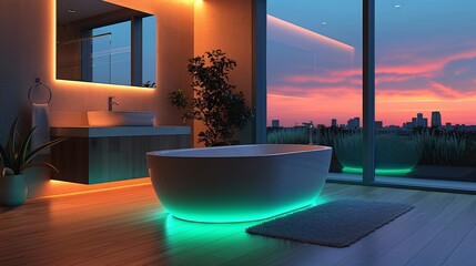 Fototapeta na wymiar Modern and confortable bathroom illuminated by led strips, 3d render