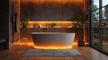 Modern and confortable bathroom illuminated by led strips, 3d render