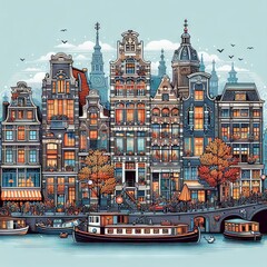 Colorful design of Amsterdam canal houses architecture