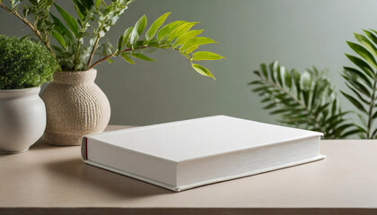 White book mockup with plant on beige table, symbolizing growth and knowledge. Perfect for educational or environmental concepts