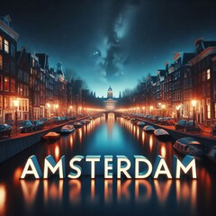 Illustration of Amsterdam canals at night