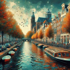 Colorful painting of Amsterdam canals