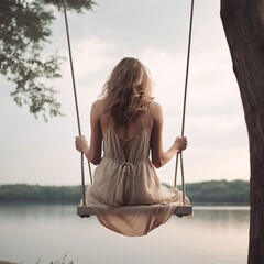 The back view young woman sitting on a swing captures a serene moment contemplation and freedom. As she gently sways back and forth, her silhouette against the sky evokes a sense tranquility and grace