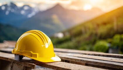 Yellow hardhat rests on construction site ground, symbolizing safety and readiness for work