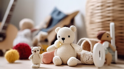 Adorable homemade multicolored knitted toys shaped like various animals