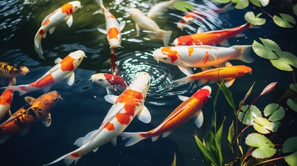 Many koi fish gracefully glide through the tranquil waters, their vibrant colors shimmering beneath the surface like living jewels. In this serene aquatic world, the koi create a mesmerizing spectacle